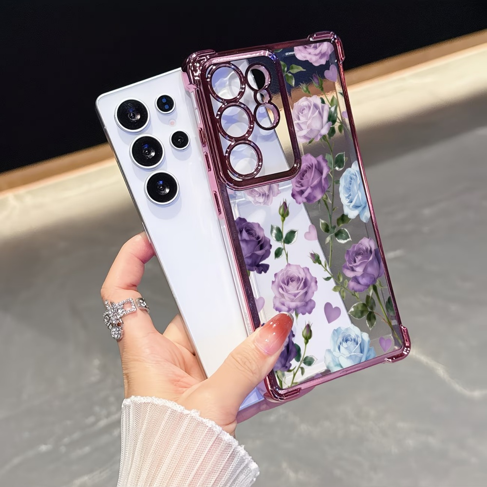 Phone Cases Purple - Galvanisierte Vier-Ecken-Stoßfeste Lila-Rose Transparente Handyhülle für