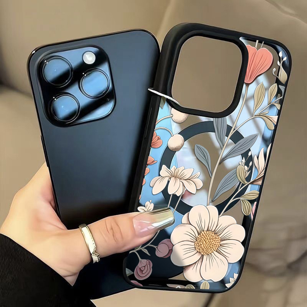 Phone Cases Magnetic - Schwarzer Rahmen Blumenmuster Sturzsichere Handyhülle für