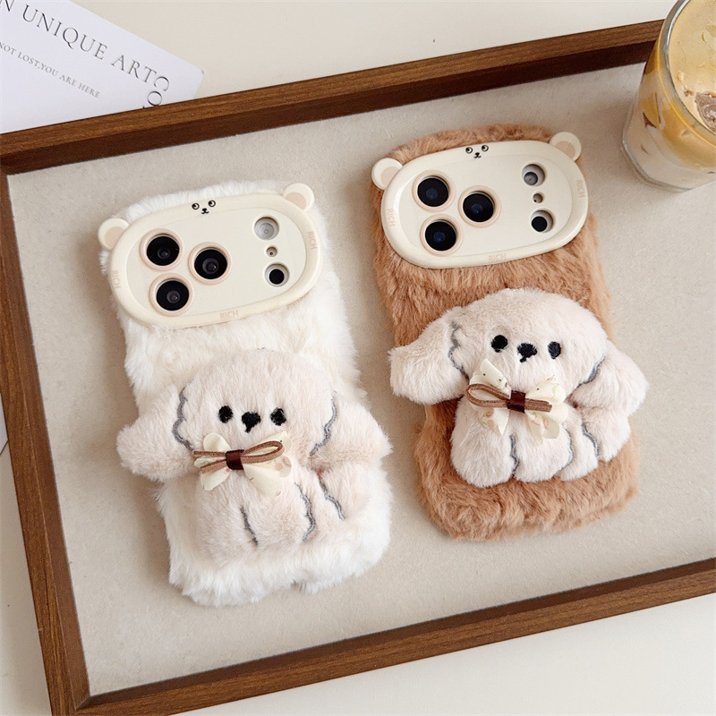 Phone Cases For Iphone 13 - 3D-Cartoon-Bowknot-Welpen-warme, flauschige Plüsch-Handyhülle für iPhone 17,