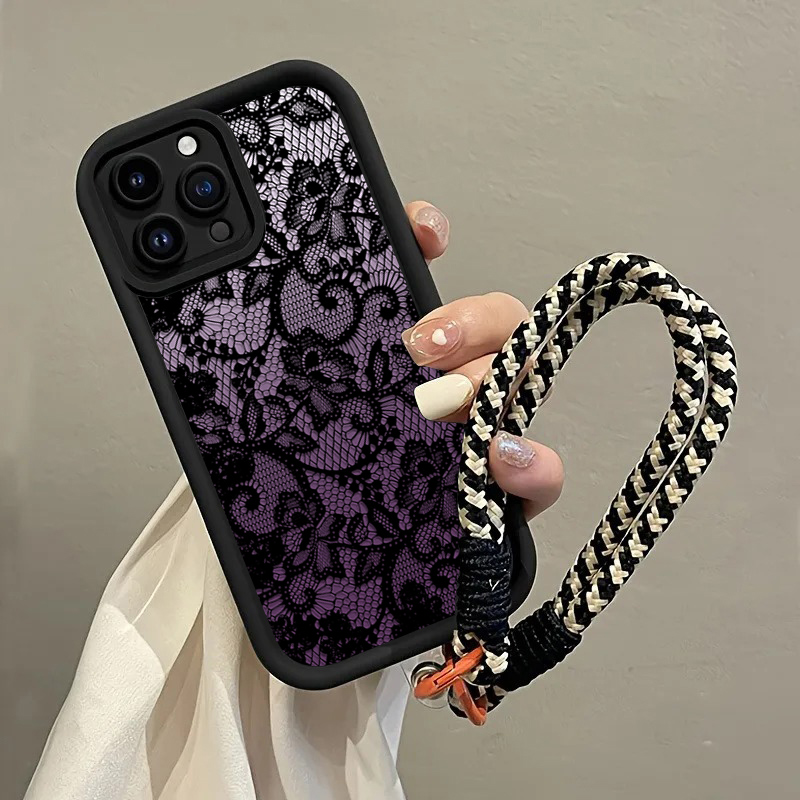 Phone Cases Purple - Schwarze Lila Spitzen-Handyhülle mit Trageriemen für